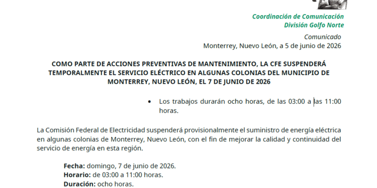 Habrá cortes de luz en colonias de Monterrey