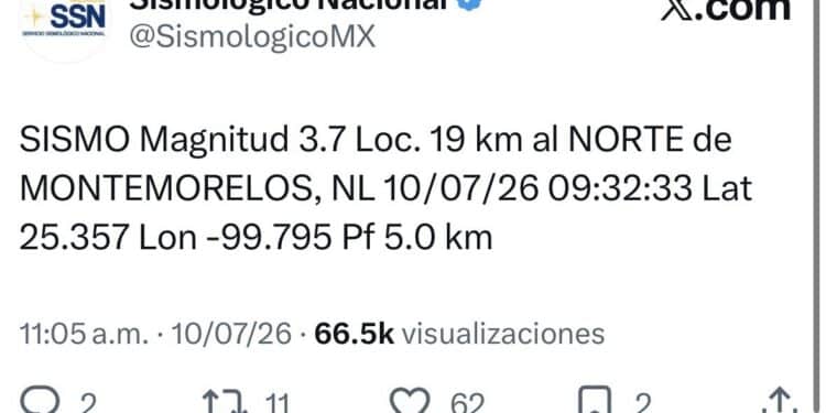 Se registra sismo en Montemorelos